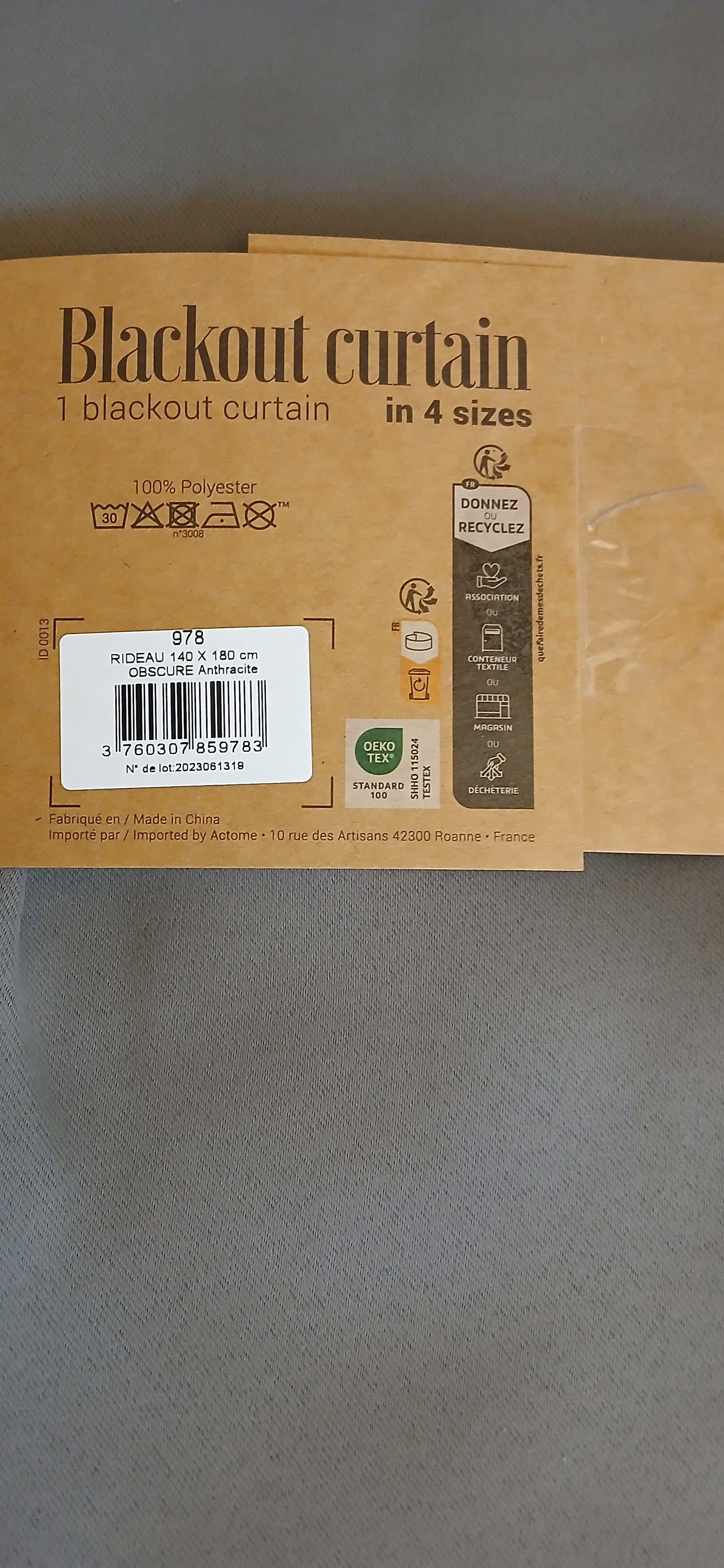 2 Rideaux occultants Anthracite 140x180cm